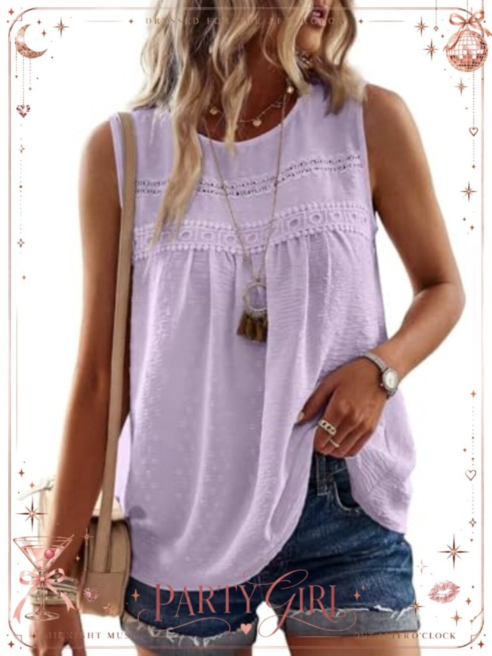 Flowy Swiss Dots Tank Top Sleeveless Crochet Lace Boho Women's Shirt